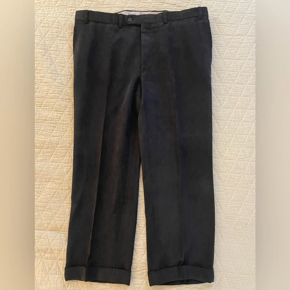 Saks Fifth Avenue Flat Front‎ & Cuffed Corduroy Pant in Black Size 40 $145